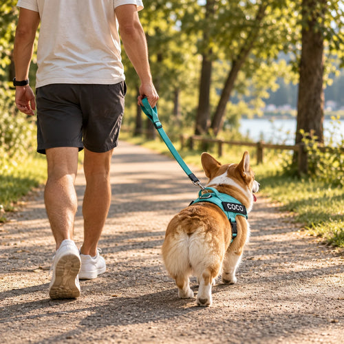 Promenade avec un corgi portant le harnais MyDogGrip vert menthe, laisse détendue