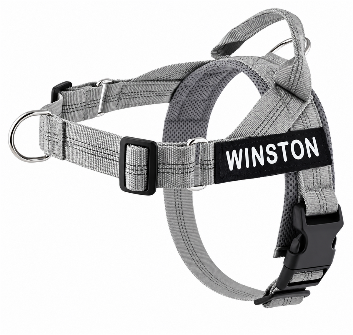 Harnais MyDogGrip anti-traction gris avec écusson personnalisé