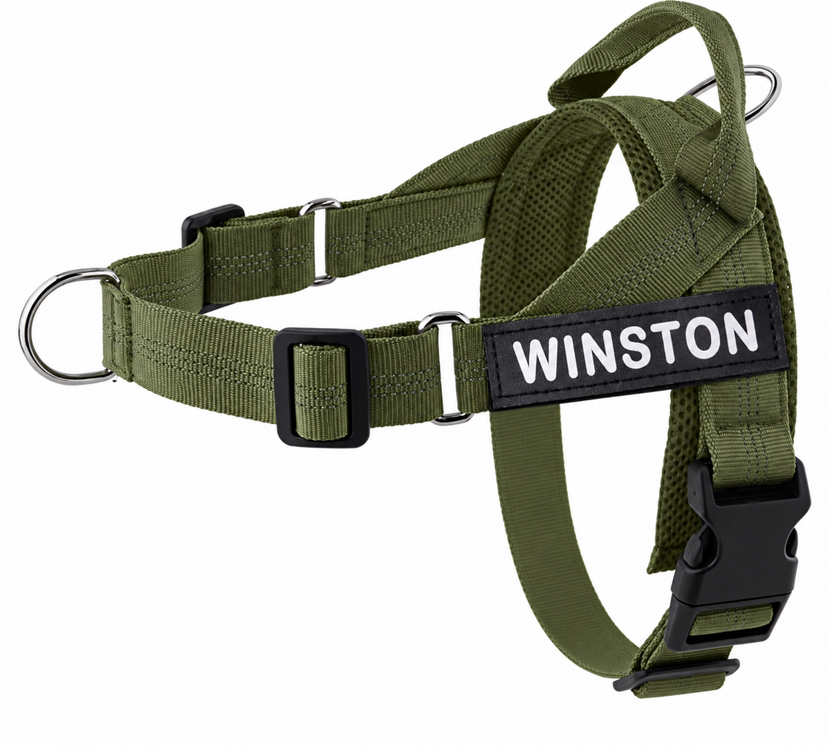Harnais MyDogGrip anti-traction vert kaki avec écusson personnalisé