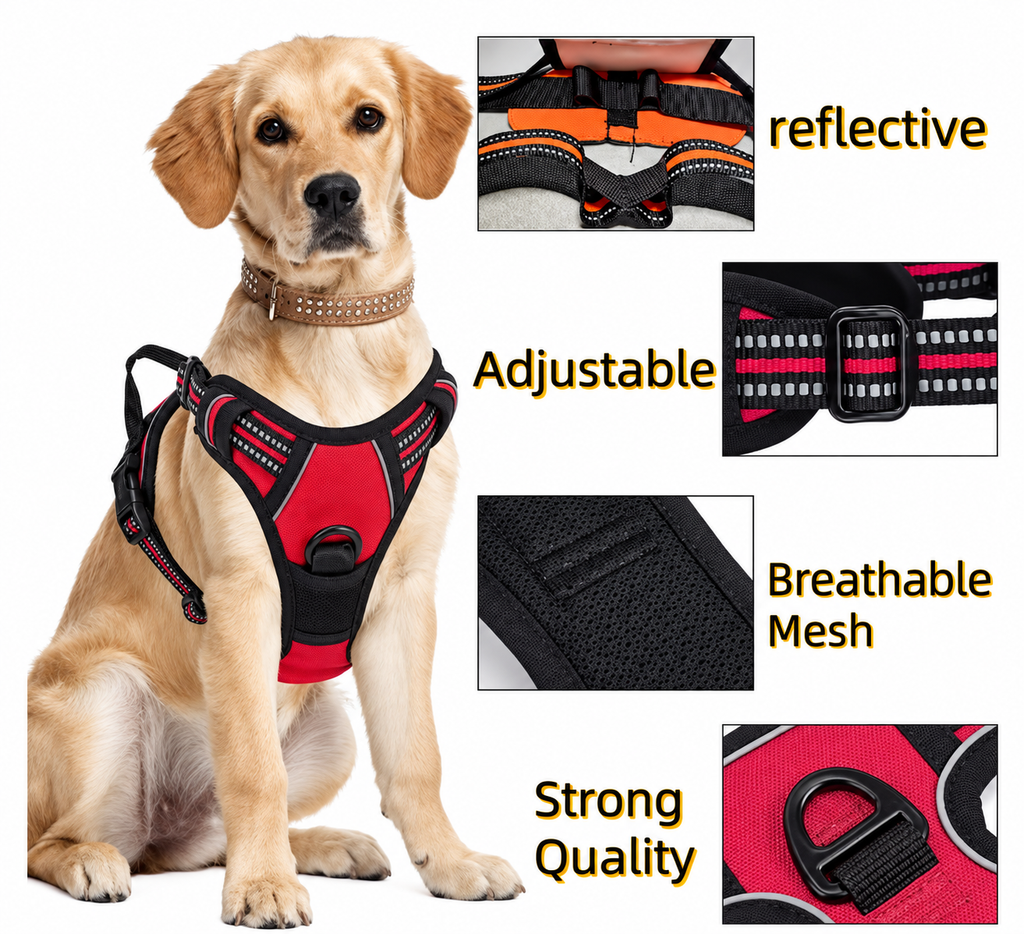 Golden retriever avec le harnais réfléchissant : bandes réfléchissantes, sangles réglables, maille respirante, anneau métallique
