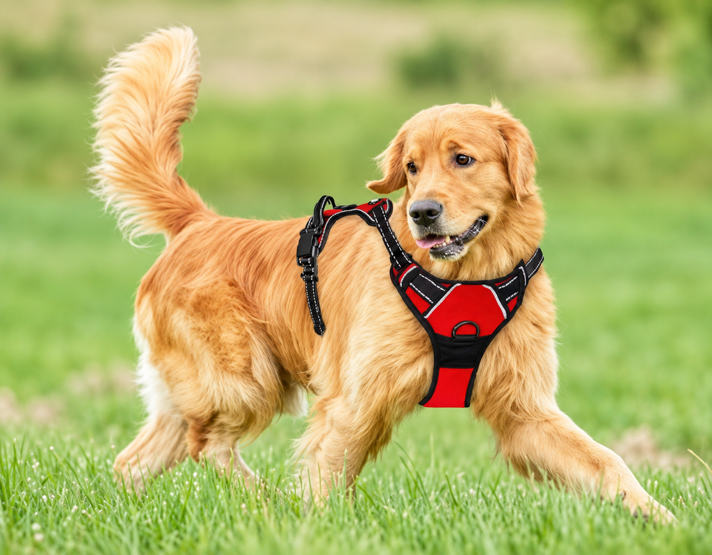 Chien en promenade dans une prairie avec le harnais réfléchissant MyDogGrip