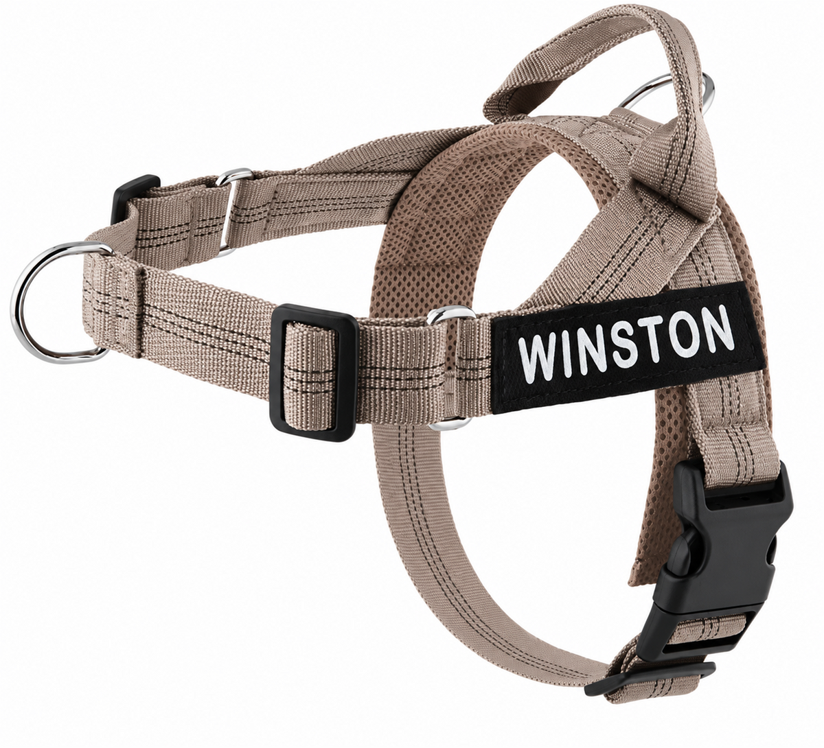 Harnais MyDogGrip anti-traction taupe avec écusson personnalisé