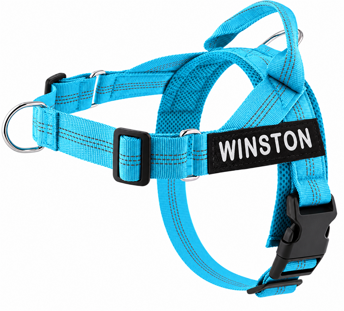 Harnais MyDogGrip anti-traction bleu turquoise avec écusson personnalisé